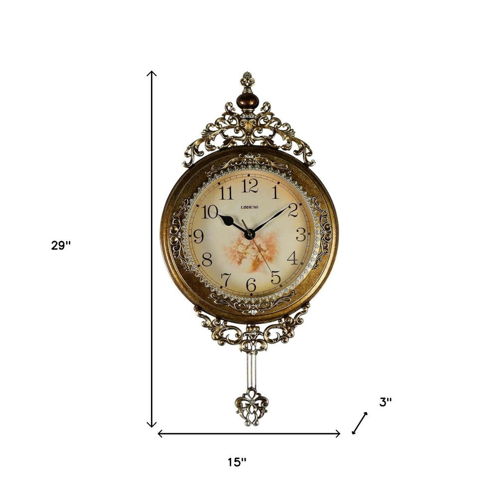15" Gold And Silver Resin Silent Pendulum Ornate Round Wall Clock HomeRoots