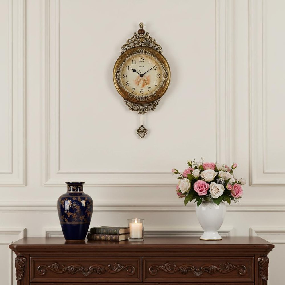 15" Gold And Silver Resin Silent Pendulum Ornate Round Wall Clock HomeRoots
