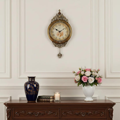 15" Gold And Silver Resin Silent Pendulum Ornate Round Wall Clock HomeRoots