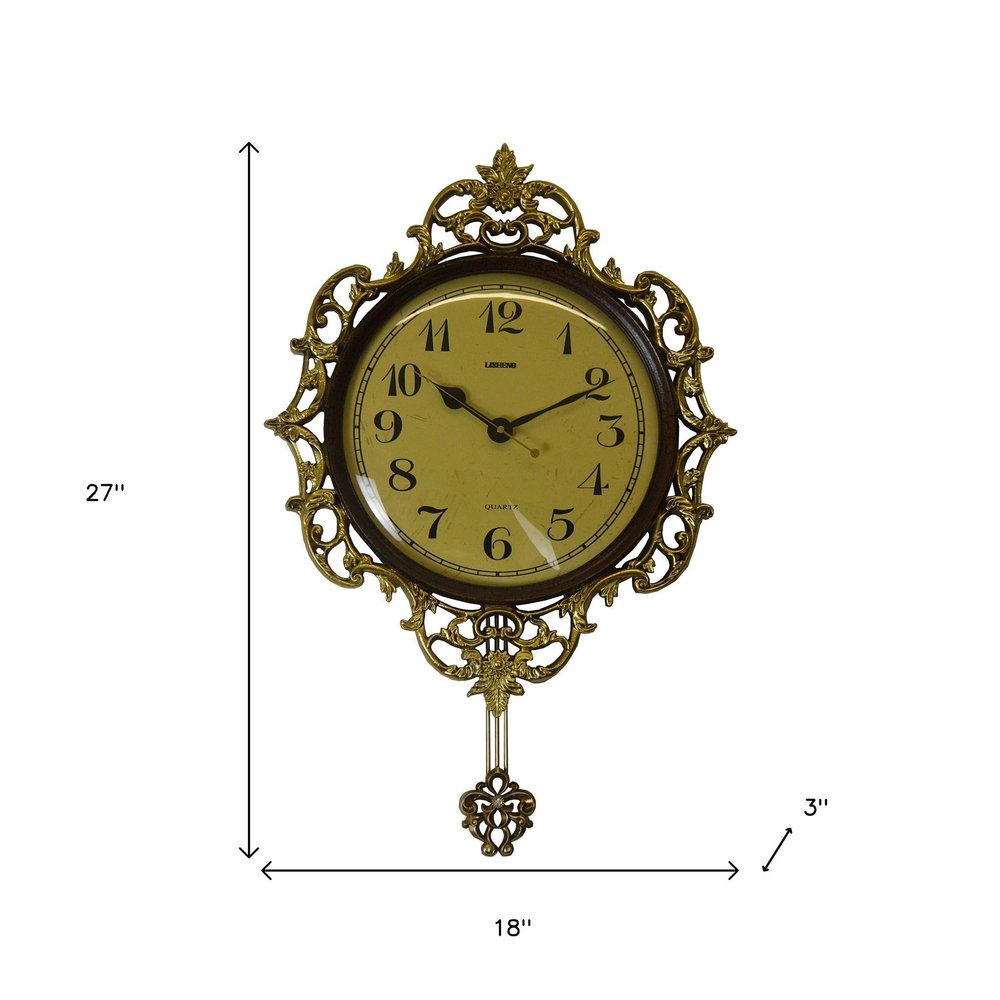 18" Brown Gold And Black Resin Silent Pendulum Ornate Round Wall Clock HomeRoots
