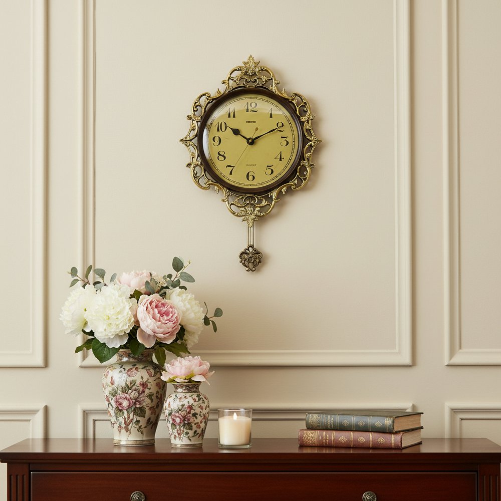 18" Brown Gold And Black Resin Silent Pendulum Ornate Round Wall Clock HomeRoots