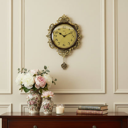 18" Brown Gold And Black Resin Silent Pendulum Ornate Round Wall Clock HomeRoots
