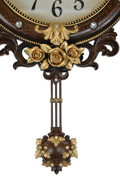 13" Brown Gold And White Resin Silent Pendulum Ornate Oval Wall Clock HomeRoots