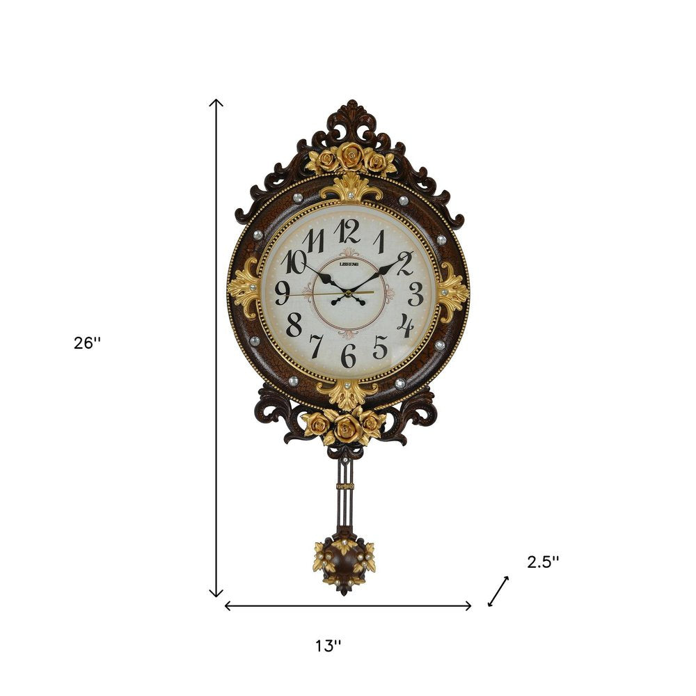 13" Brown Gold And White Resin Silent Pendulum Ornate Oval Wall Clock HomeRoots