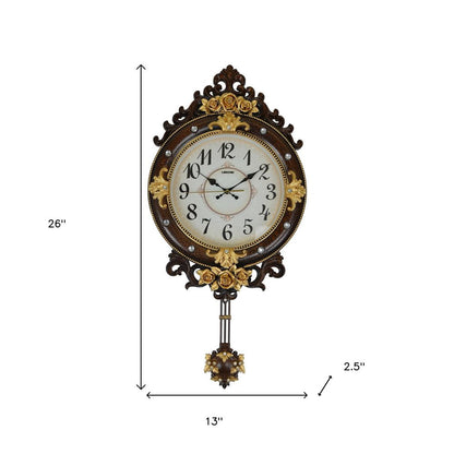 13" Brown Gold And White Resin Silent Pendulum Ornate Oval Wall Clock HomeRoots
