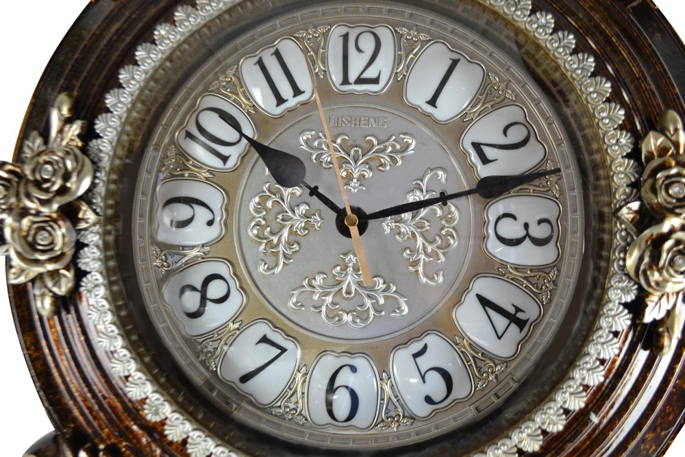 16" Brown And Silver Resin Silent Pendulum Ornate Oval Wall Clock HomeRoots