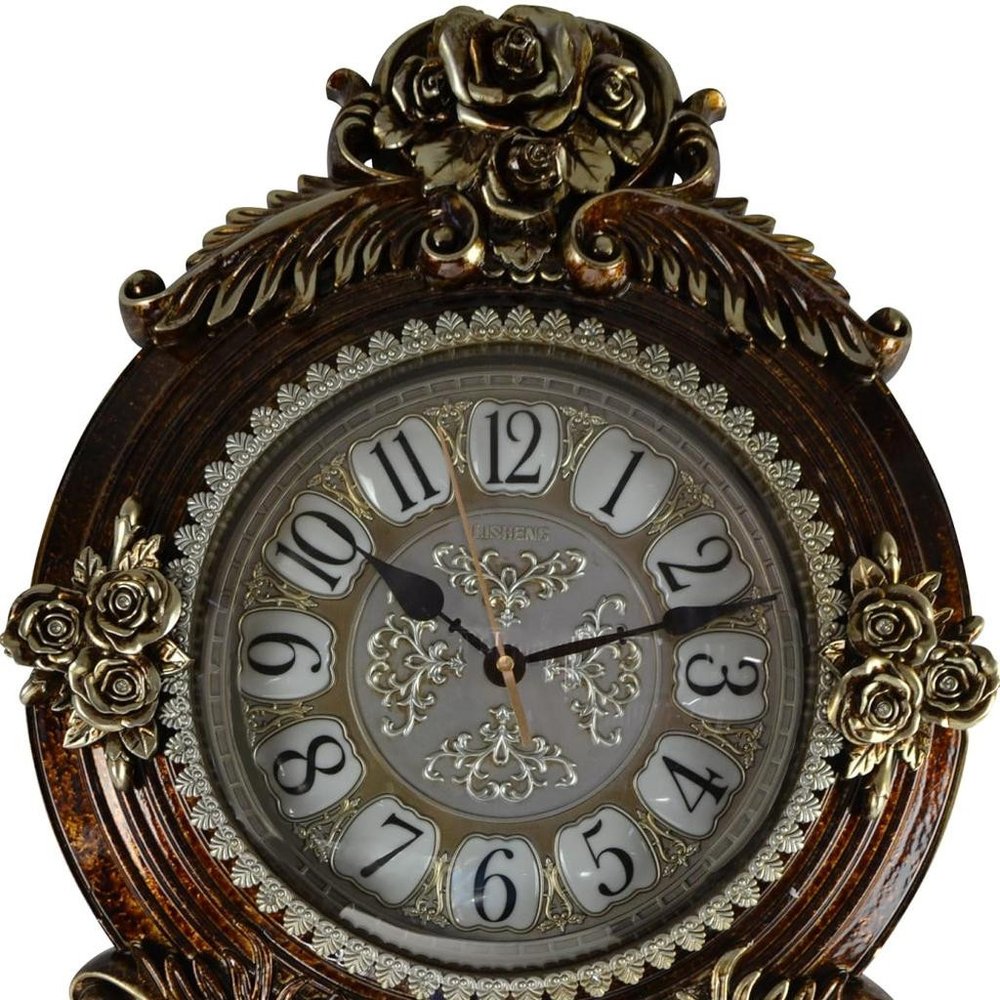 16" Brown And Silver Resin Silent Pendulum Ornate Oval Wall Clock HomeRoots