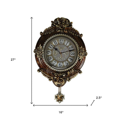 16" Brown And Silver Resin Silent Pendulum Ornate Oval Wall Clock HomeRoots