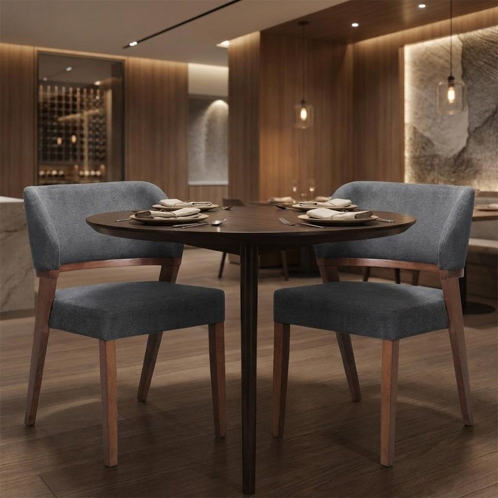 Set of Two Gray And Walnut Upholstery And Solid Wood Partially Open Back Dining Side Chairs HomeRoots