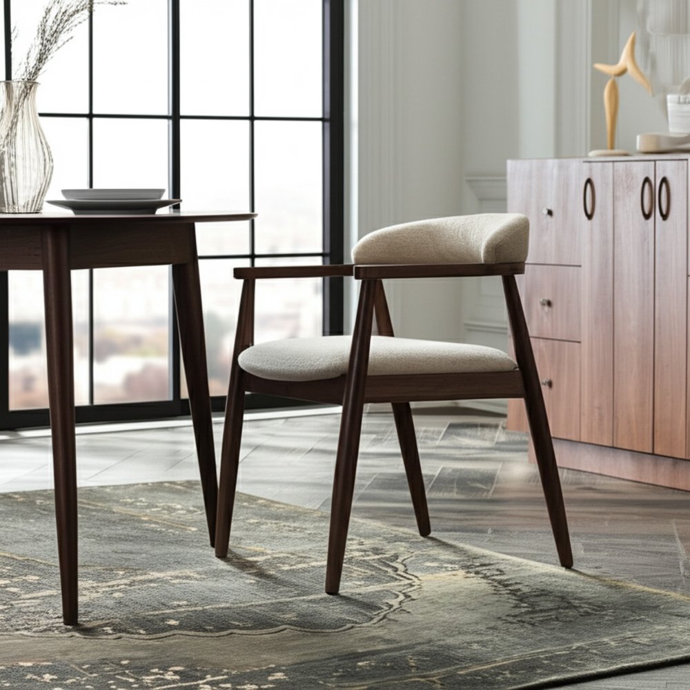 Beige And Walnut Upholstery And Solid Wood Open Back Dining Arm Chair HomeRoots