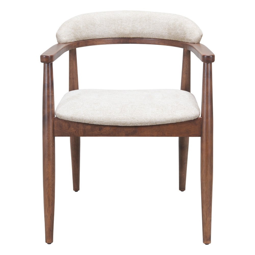 Beige And Walnut Upholstery And Solid Wood Open Back Dining Arm Chair HomeRoots