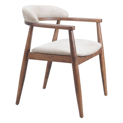 Beige And Walnut Upholstery And Solid Wood Open Back Dining Arm Chair HomeRoots