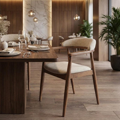 Beige And Walnut Upholstery And Solid Wood Open Back Dining Arm Chair HomeRoots