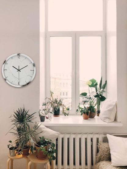 16" White And Black Heavy Duty Plastic Silent Analog Marble Round Wall Clock HomeRoots