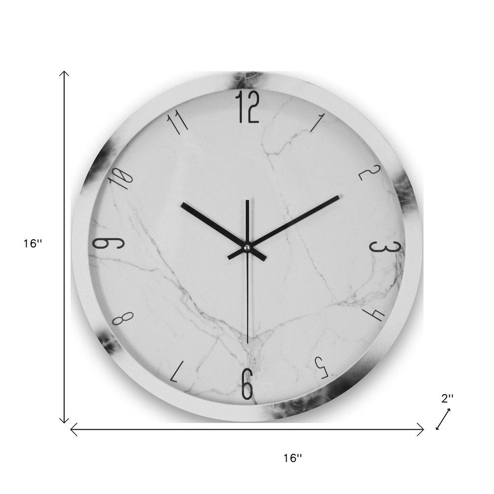 16" Black And White Heavy Duty Plastic Silent Analog Marble Round Wall Clock HomeRoots