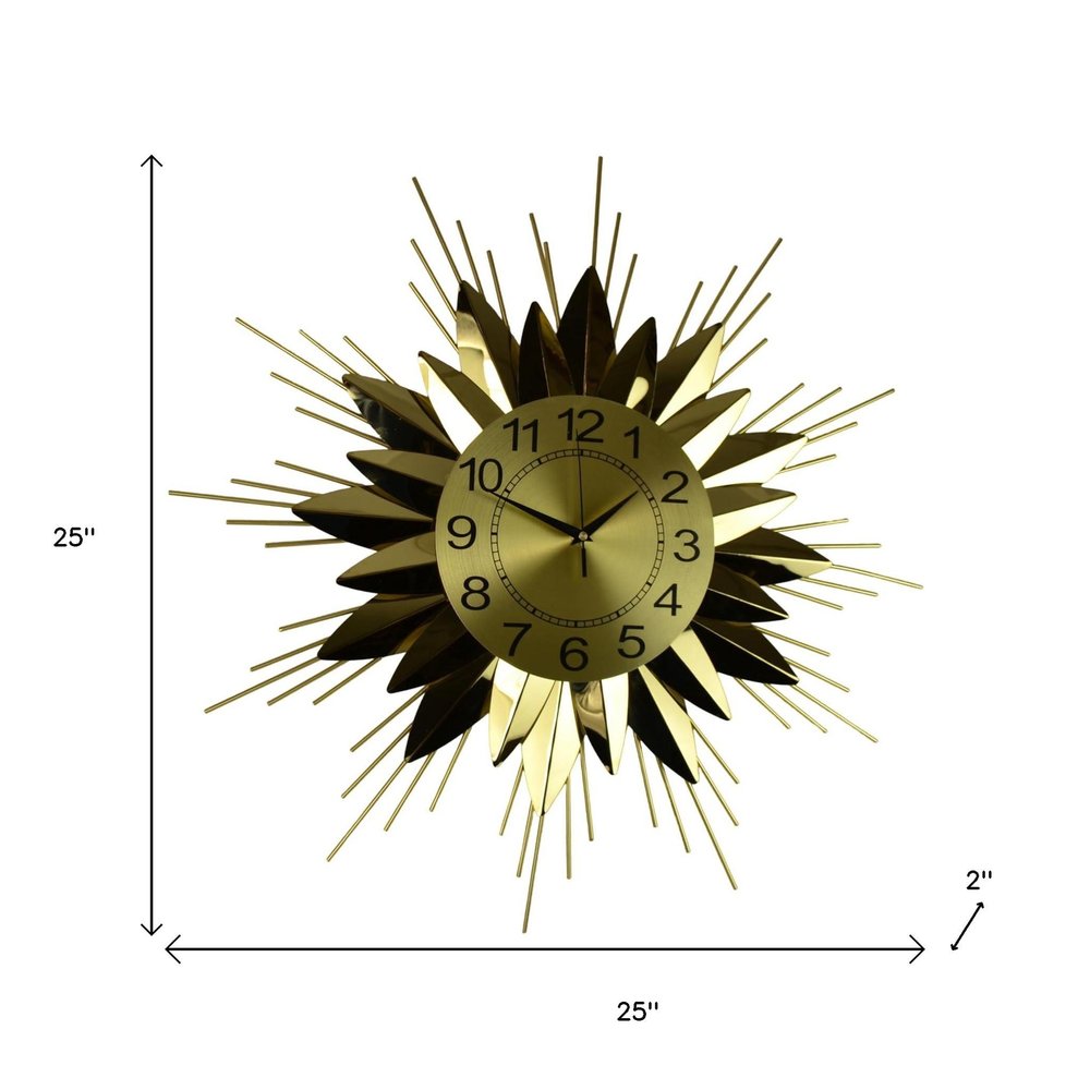 25" Gold And Black Metal Silent Analog Starburst Wall Clock HomeRoots