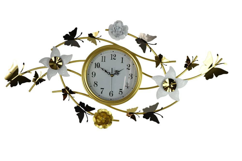 39" Gold And White Metal Silent Analog Butterfly Novelty Wall Clock HomeRoots