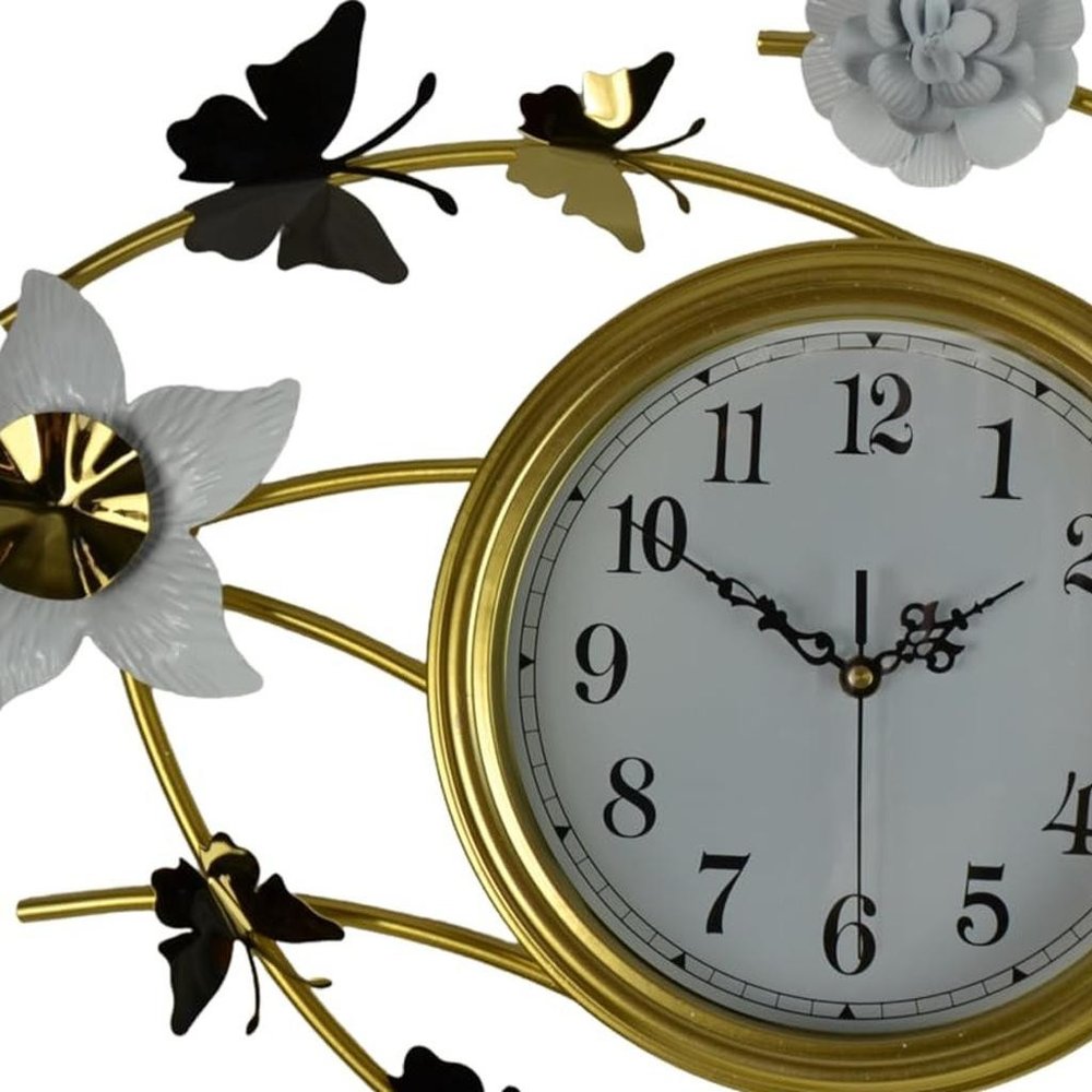 39" Gold And White Metal Silent Analog Butterfly Novelty Wall Clock HomeRoots