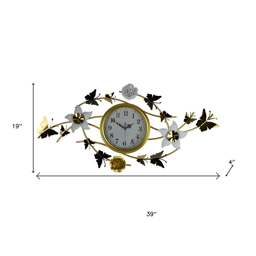 39" Gold And White Metal Silent Analog Butterfly Novelty Wall Clock HomeRoots