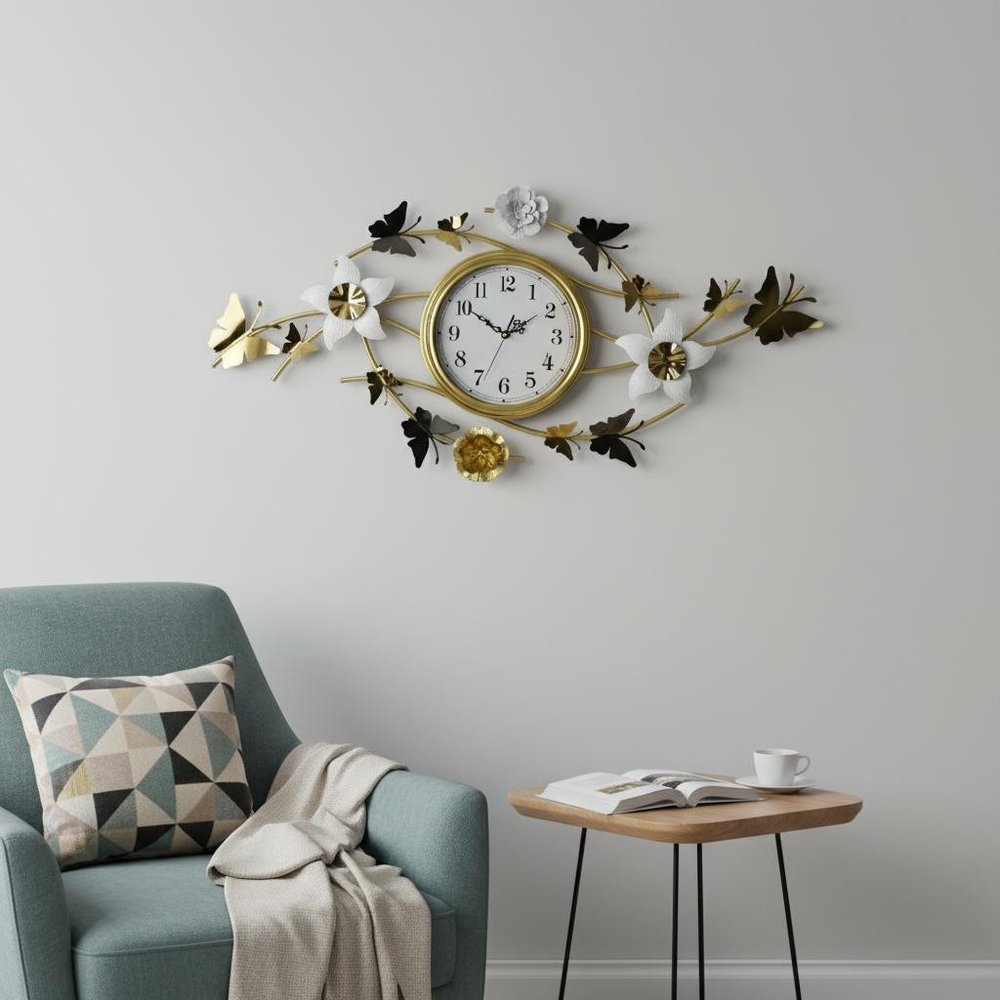 39" Gold And White Metal Silent Analog Butterfly Novelty Wall Clock HomeRoots