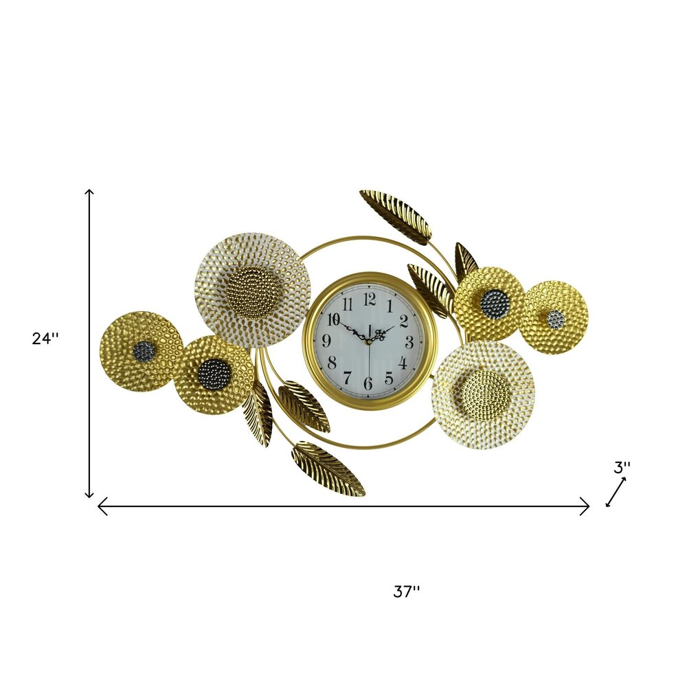 37" Gold Silver And White Iron Silent Analog Floral Novelty Wall Clock HomeRoots