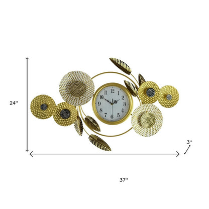37" Gold Silver And White Metal Silent Analog Floral Novelty Wall Clock HomeRoots