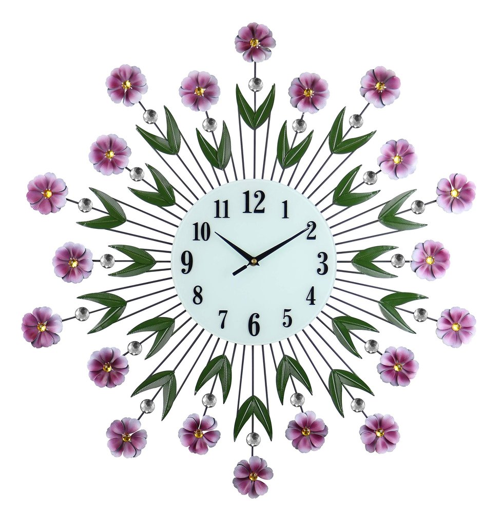 27" Purple Green And White Metal and Glass Silent Analog Floral Round Wall Clock HomeRoots