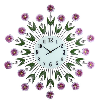 27" Purple Green And White Metal and Glass Silent Analog Floral Round Wall Clock HomeRoots