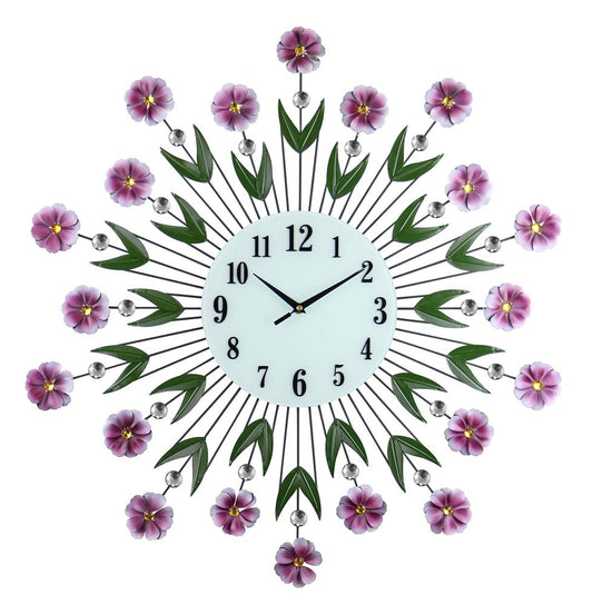27" Purple Green And White Metal and Glass Silent Analog Floral Round Wall Clock HomeRoots