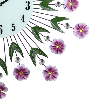 27" Purple Green And White Metal and Glass Silent Analog Floral Round Wall Clock HomeRoots