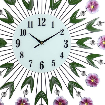 27" Purple Green And White Metal and Glass Silent Analog Floral Round Wall Clock HomeRoots