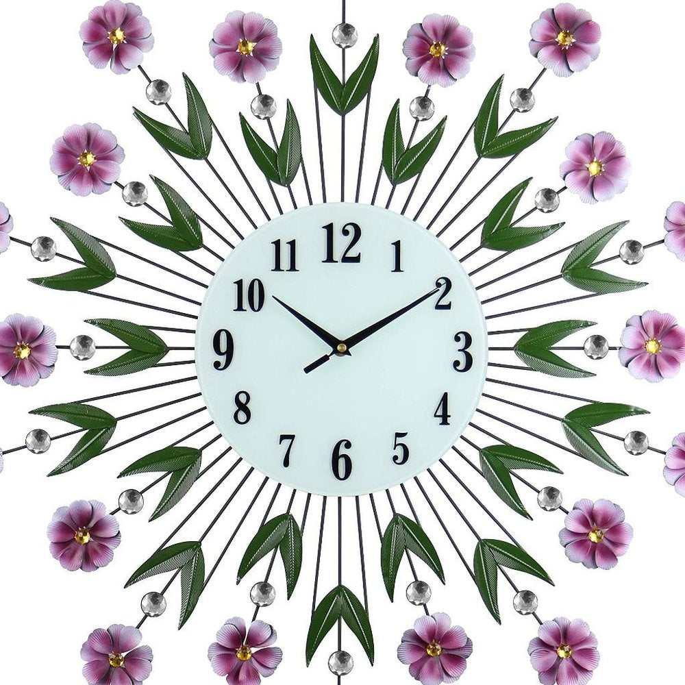 27" Purple Green And White Metal and Glass Silent Analog Floral Round Wall Clock HomeRoots