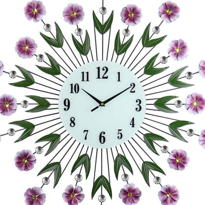 27" Purple Green And White Metal and Glass Silent Analog Floral Round Wall Clock HomeRoots