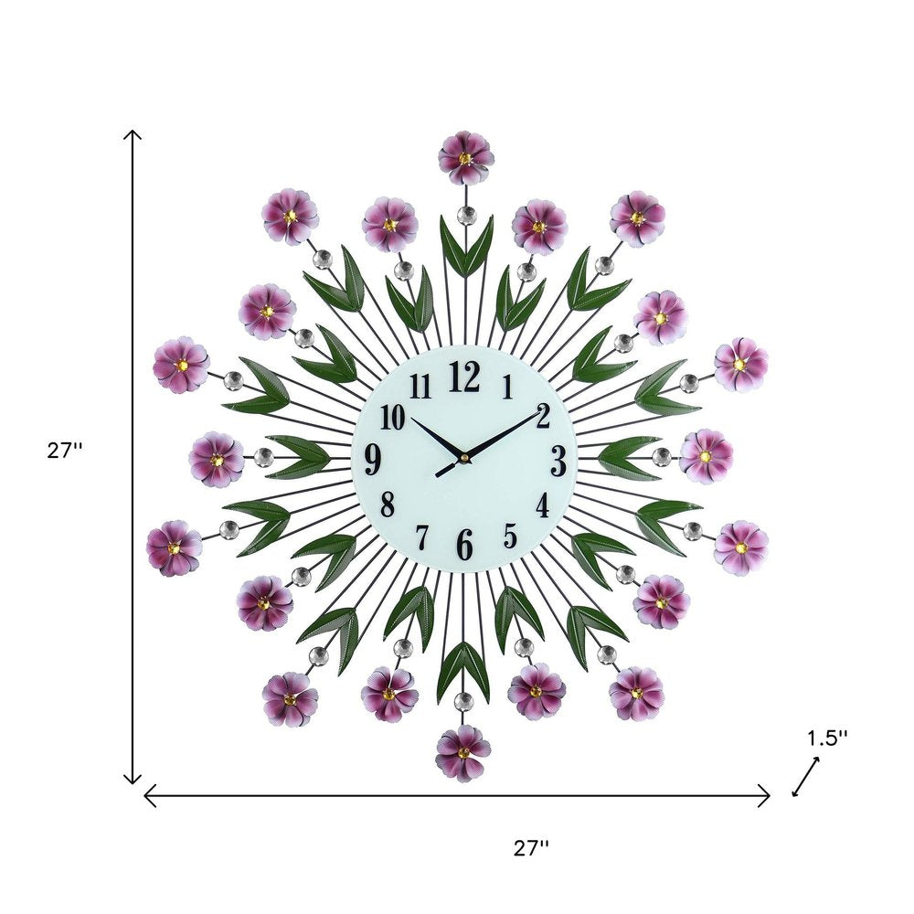 27" Purple Green And White Metal and Glass Silent Analog Floral Round Wall Clock HomeRoots