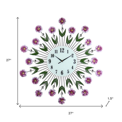 27" Purple Green And White Metal and Glass Silent Analog Floral Round Wall Clock HomeRoots