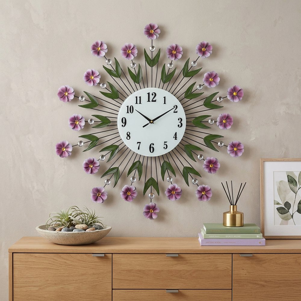 27" Purple Green And White Metal and Glass Silent Analog Floral Round Wall Clock HomeRoots