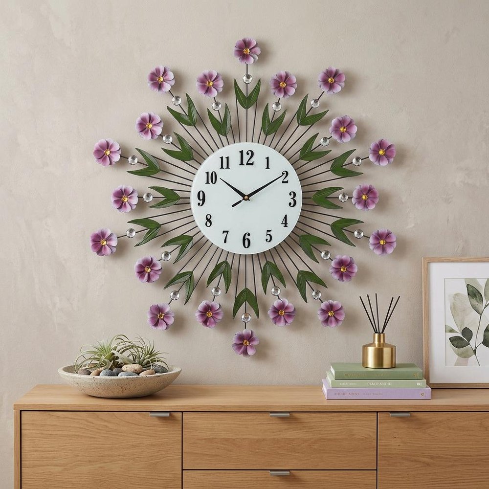 27" Purple Green And White Metal and Glass Silent Analog Floral Round Wall Clock HomeRoots