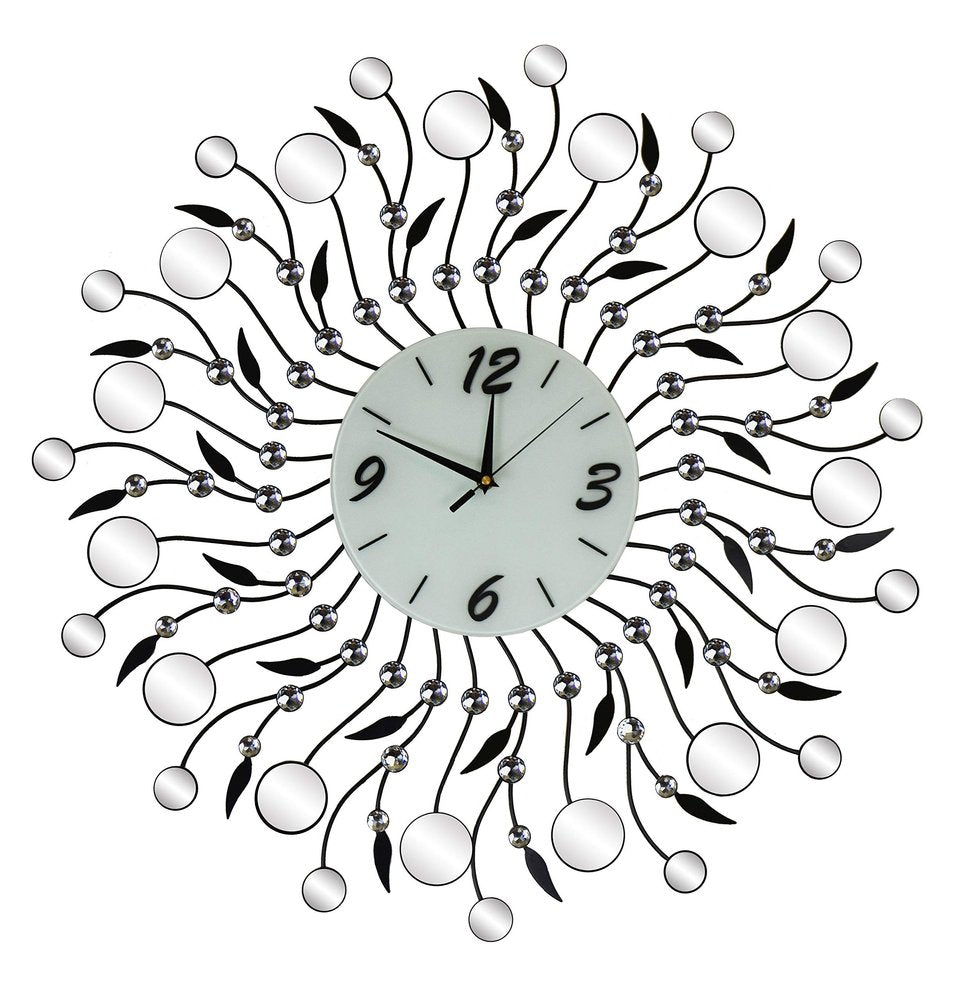 28" Silver Black And White Metal And Mirrored Glass Silent Analog Round Wall Clock HomeRoots