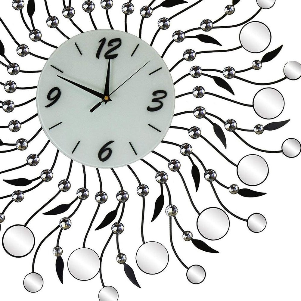 28" Silver Black And White Metal And Mirrored Glass Silent Analog Round Wall Clock HomeRoots
