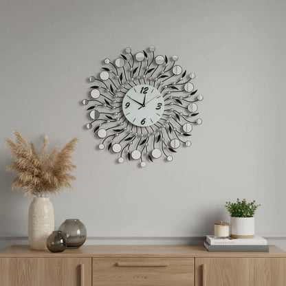 28" Silver Black And White Metal And Mirrored Glass Silent Analog Round Wall Clock HomeRoots