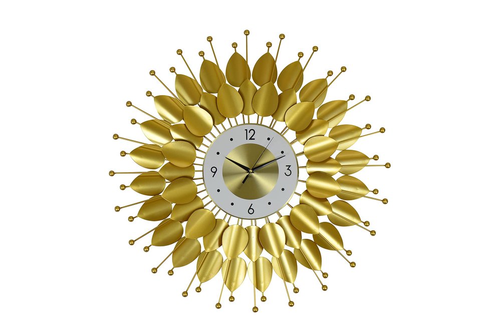 28" Gold And White Silent Analog Floral Sunburst Wall Clock HomeRoots