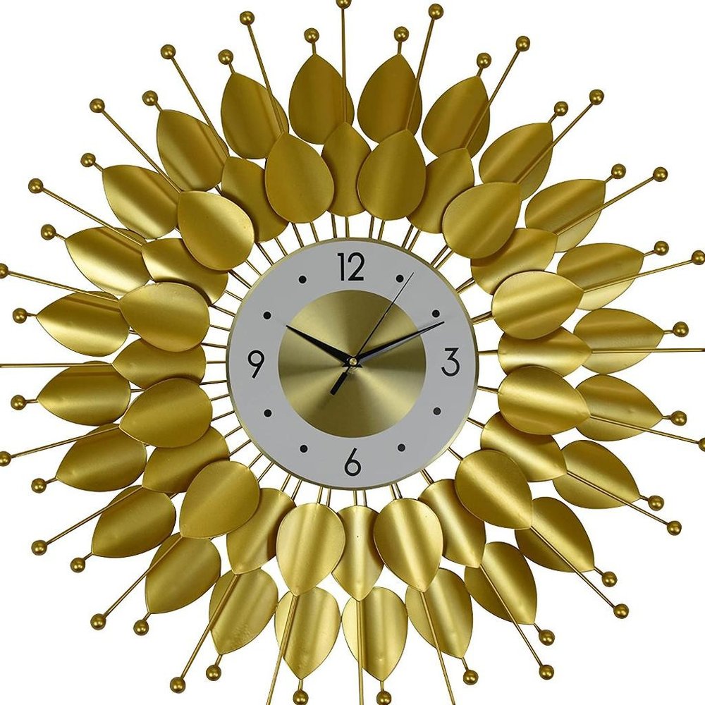 28" Gold And White Metal Silent Analog Floral Sunburst Wall Clock HomeRoots