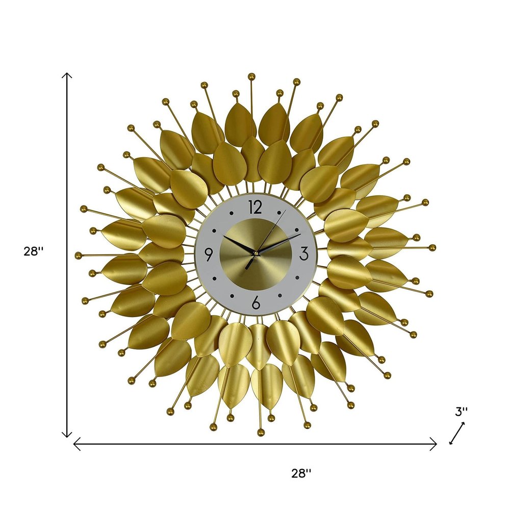 28" Gold And White Metal Silent Analog Floral Sunburst Wall Clock HomeRoots