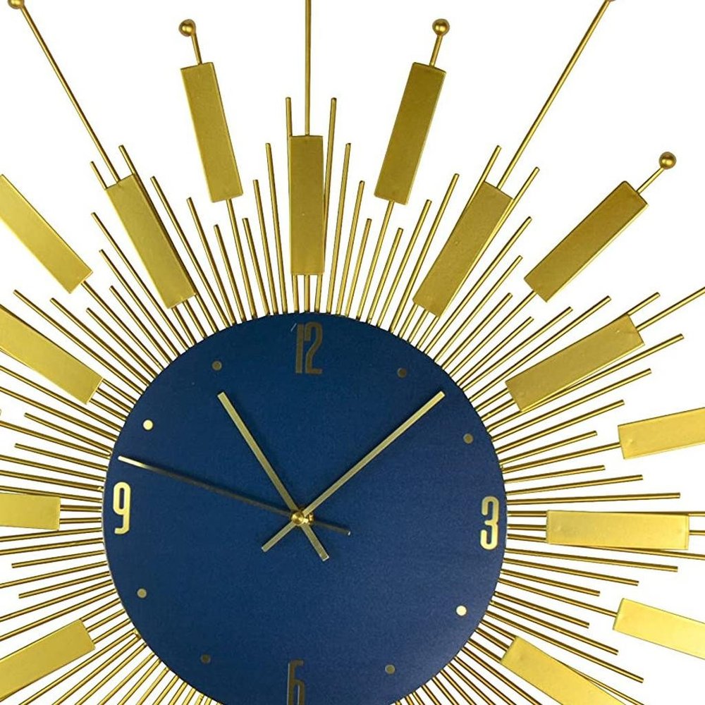 27" Gold And Blue Silent Analog Sunburst Wall Clock