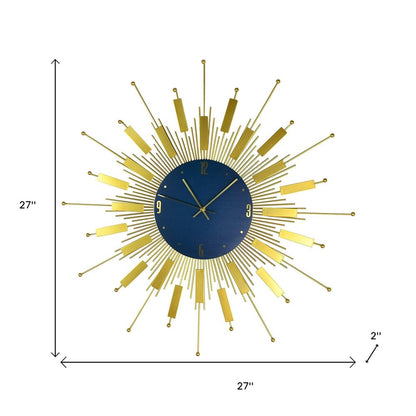 27" Gold And Blue Silent Analog Sunburst Wall Clock