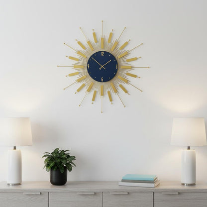 27" Gold And Blue Silent Analog Sunburst Wall Clock