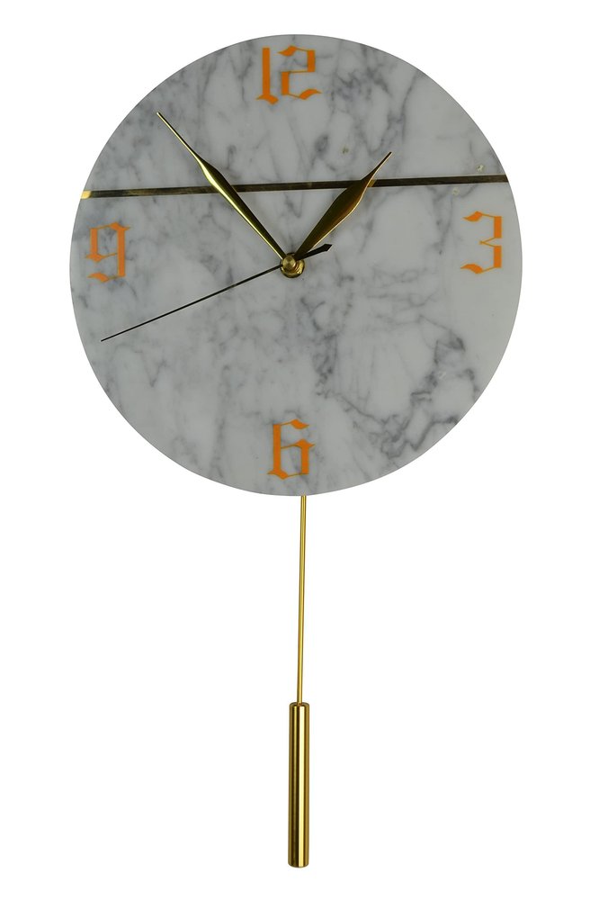 10" White And Gold Silent Pendulum Marble Round Wall Clock