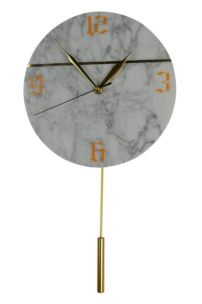 10" White And Gold Silent Pendulum Marble Round Wall Clock