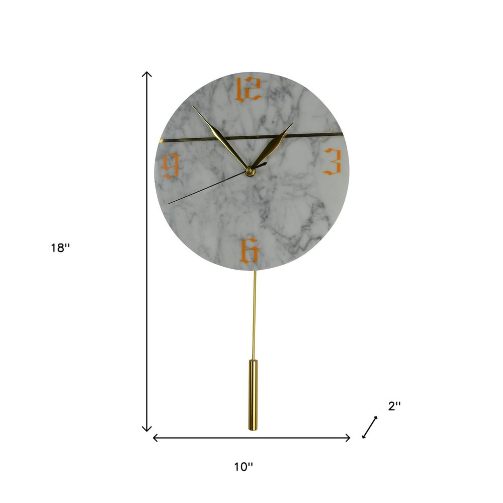 10" White And Gold Silent Pendulum Marble Round Wall Clock — view 6