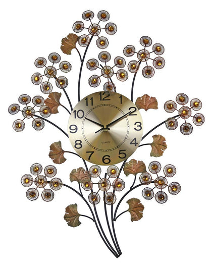 22" Copper Metal And Faux Crystal Silent Analog Gingko Floral Wall Clock HomeRoots